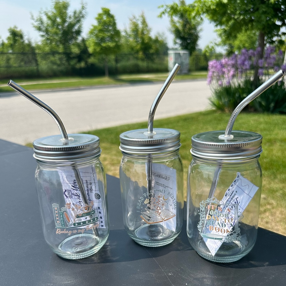 Set of Three Glass Mason Jar Tumblers with Metal Straws - Bookish/Reader Theme